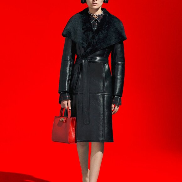 Balenciaga PF/19 Black Leather Shearling Belted Trench Coat - Picture 1 of 13